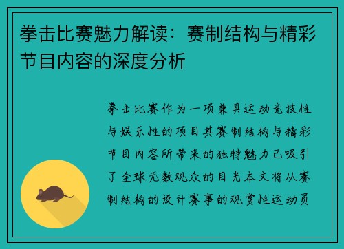 拳击比赛魅力解读：赛制结构与精彩节目内容的深度分析
