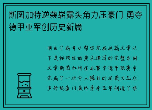 斯图加特逆袭崭露头角力压豪门 勇夺德甲亚军创历史新篇